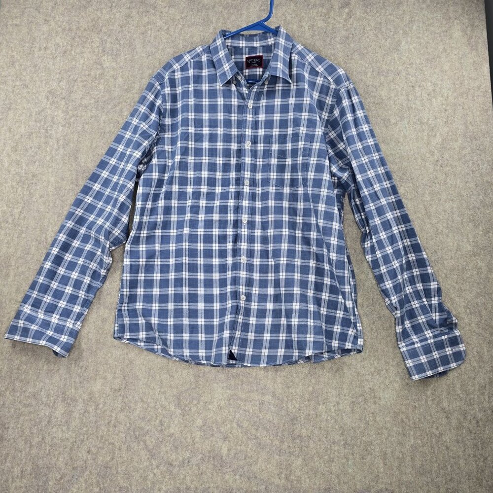 Untuckit Mens Button-Down Shirt Blue Plaid Size Large Regular Fit Casual